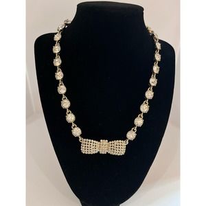 Ann Taylor Brilliant Bow Collection Statement Necklace Gold-tone Pink  18" EUC